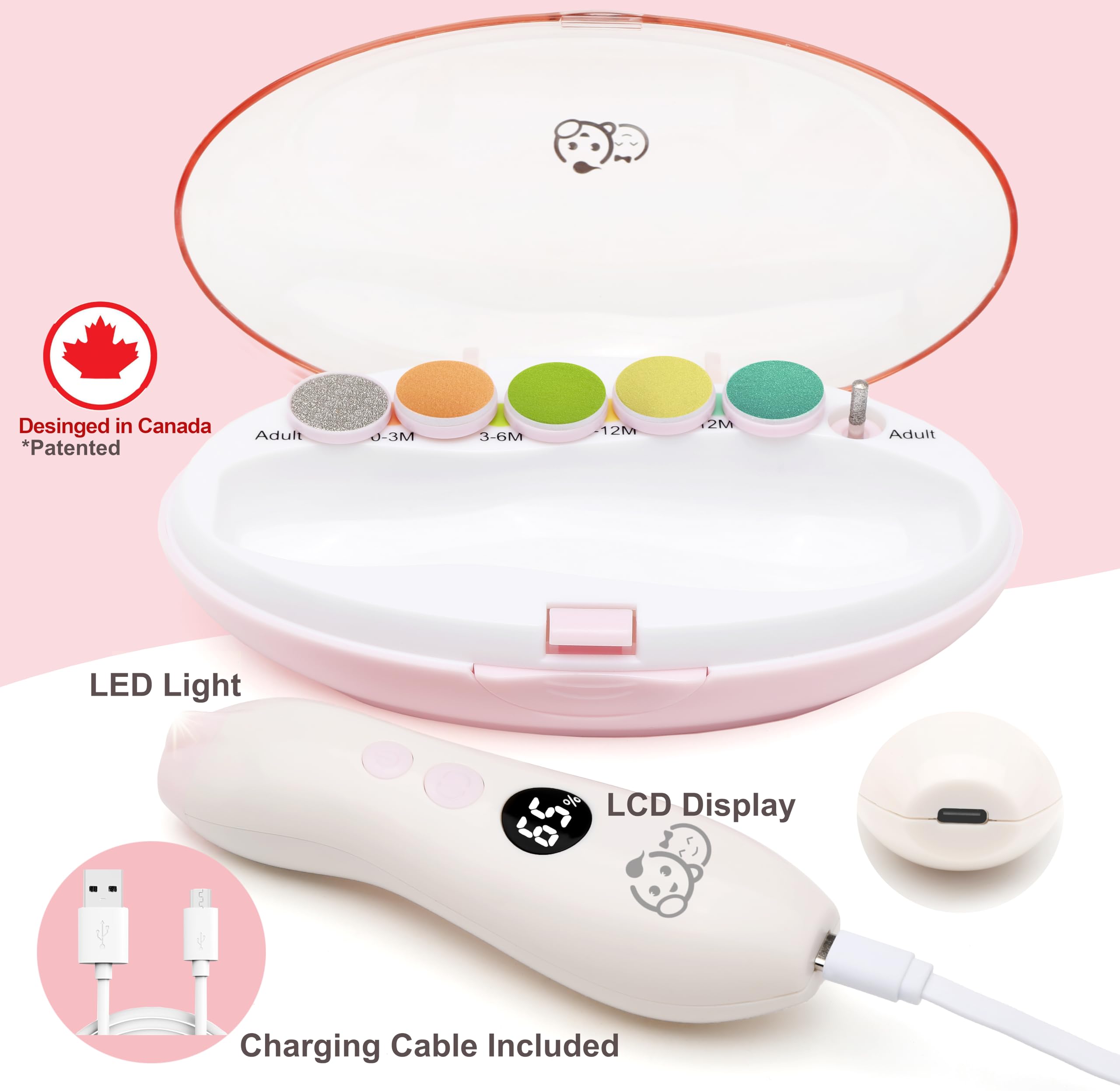 Royal Angels Rechargeable 22 in 1 Baby Nail Trimmer with LCD Display, Labeled Case, 13 Extra Pads, 4 Speed Settings, Safe Quiet LED Light Electric Baby Nail File Kit for Newborns Toddlers (WhitePink)