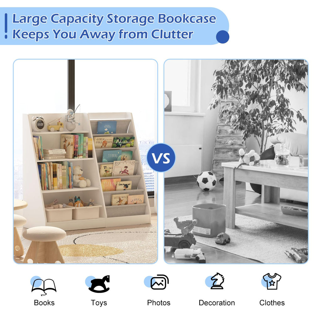 HedoAjim White Kids Bookshelf Wood Toy Storage Organizer Cabinet Children Bookcase Toddler Baby Sling Book Rack Adjustable Shelf for Playroom Bedroom Nursery Hallway School Kindergarten
