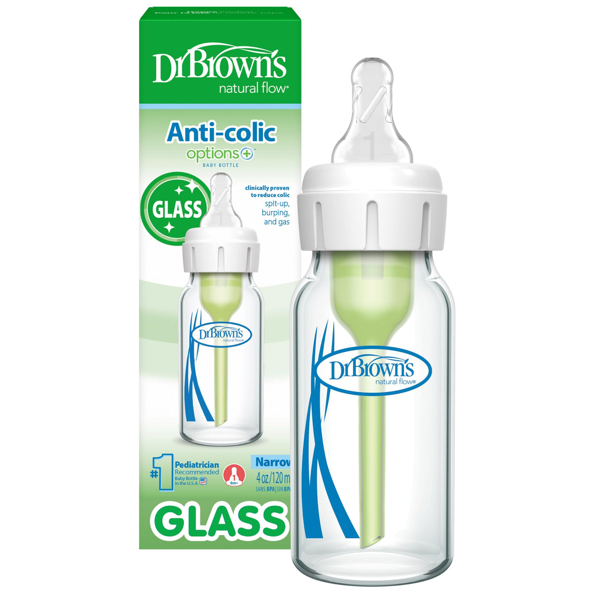 Dr. Brown's Anti-Colic Options+ Narrow Glass Baby Bottle, 8 oz, 4-Pack