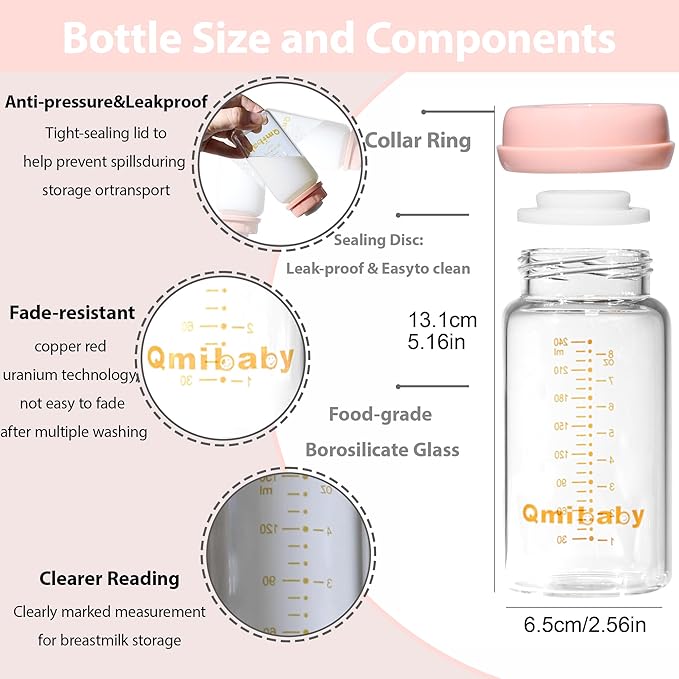 Breast Milk Storage Bottles 240ml 8oz BPA-Free Leak-Proof Baby Bottle for Breastmilk Storage Wide Neck Bottles with Screw Ring Sealing Disk Breastfeeding (Pink, 240ml-2Packs)