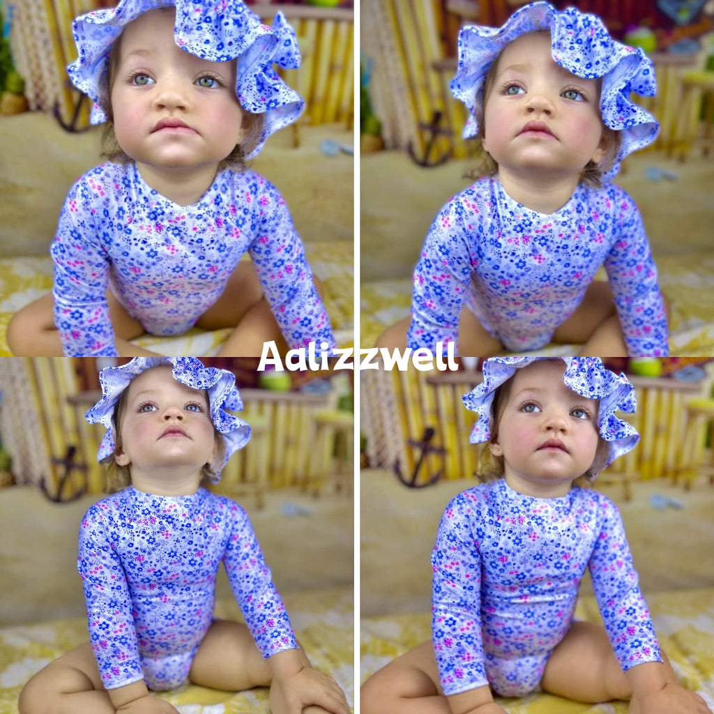 6-12 Months Infant Baby Girls One Piece Long Sleeve Swimsuit Floral Bathing Suit Zip Up Swimwear Beach Wear Blue Flower