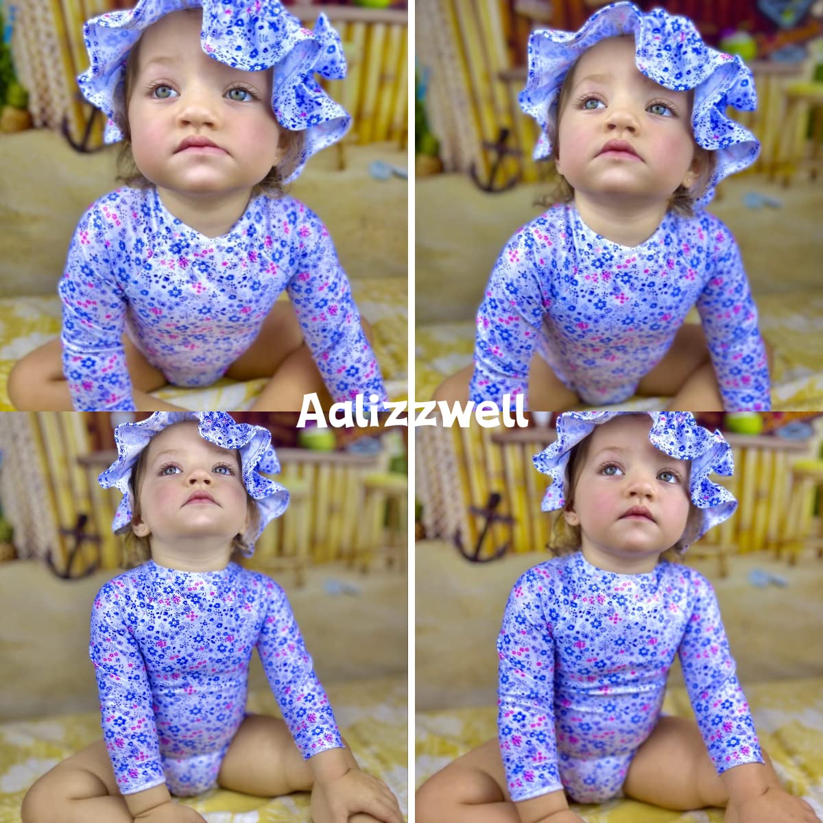 Newborn Infant Baby Girls One Piece Long Sleeve Swimsuit Floral Bathing Suit Zip Up Swimwear Beach Wear NB Blue Flower
