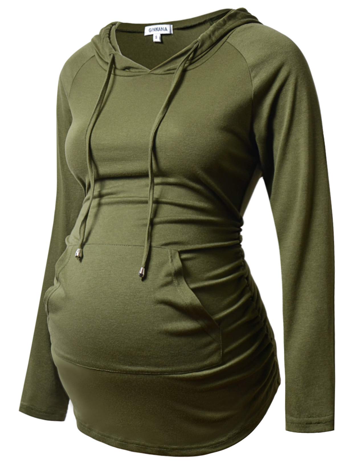 GINKANA Womens Maternity Hoodie Top Sweatshirt Long Sleeve Pregnancy Tunic Top,Olive Green,Large