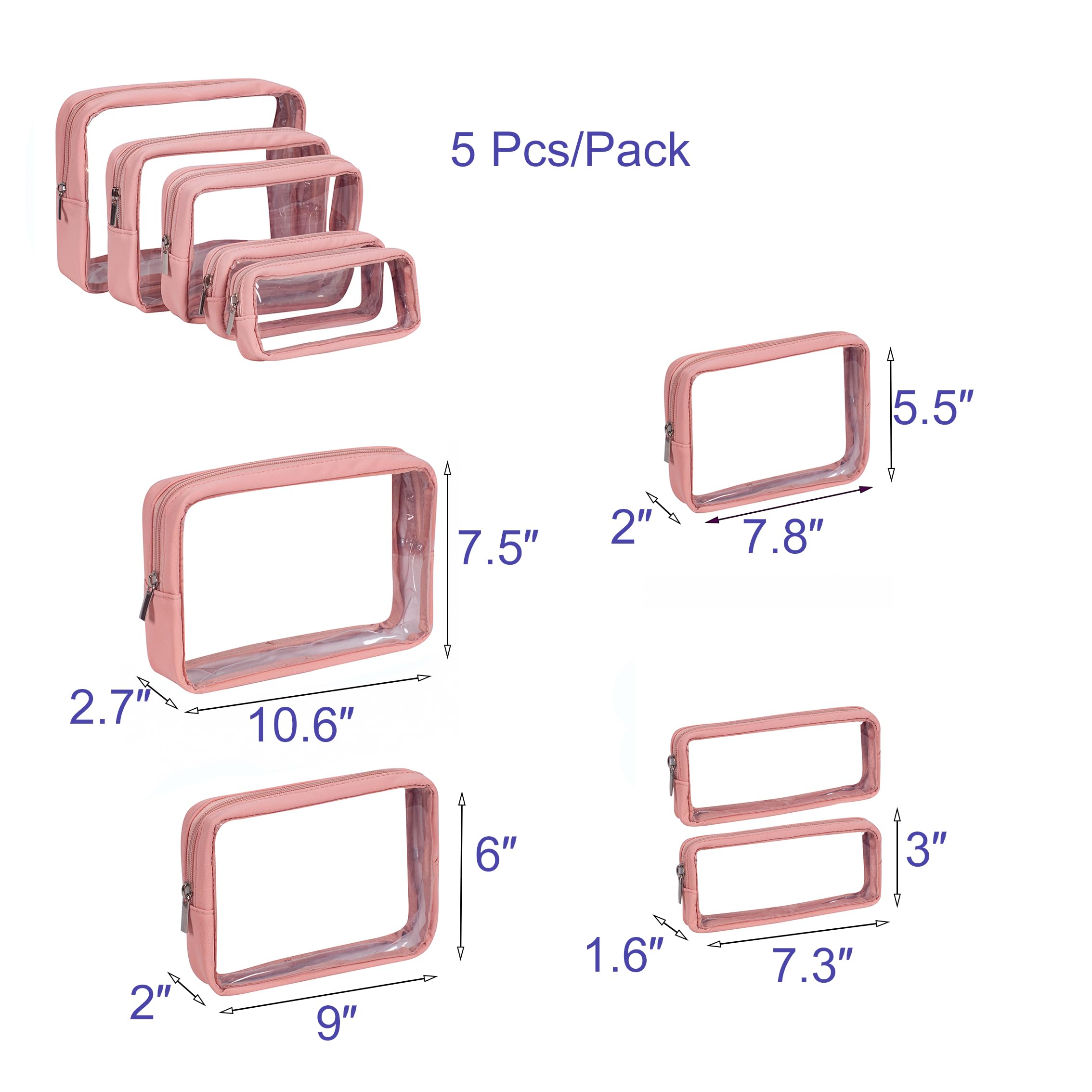 Remobia Hicol TSA Approved 5-Piece Diaper Bag Organizer Pouch Set Clear Waterproof TPU Kids Toiletry Storage Set Travel Packing Clutch Cube Bags for Baby Nursing (Pink Leather)