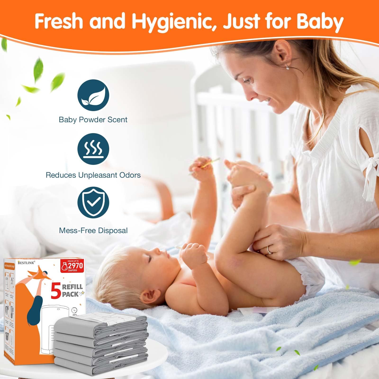 5 Pack Refills Compatible with DEKOR PLUS Diaper Pails | 20% Extra Length Diaper Pail Refill Bags Liners Holds 3480 Diapers | Ultimate Odor Control with Baby Scented