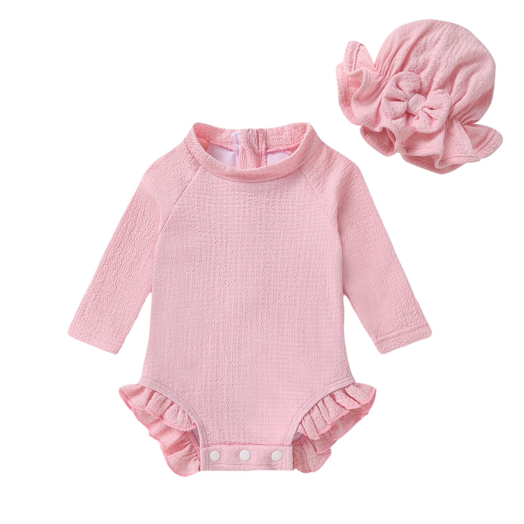 YOUNGER TREE Infant Baby Girls Swimsuit Long Sleeve Swimsuits One Piece Swimsuit Solid Color Bathing Suit with Hat