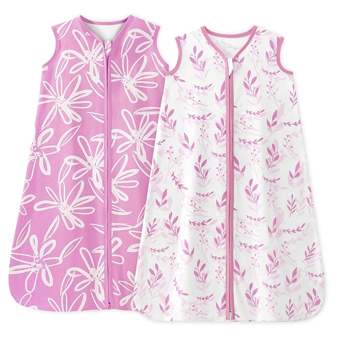 Baby Sleep Sack 6-12 Months 1.0 Tog Baby Wearable Blanket 100% Cotton Sleeping Sack with 2-Way Zipper for Infant Newborn Purple Leaf
