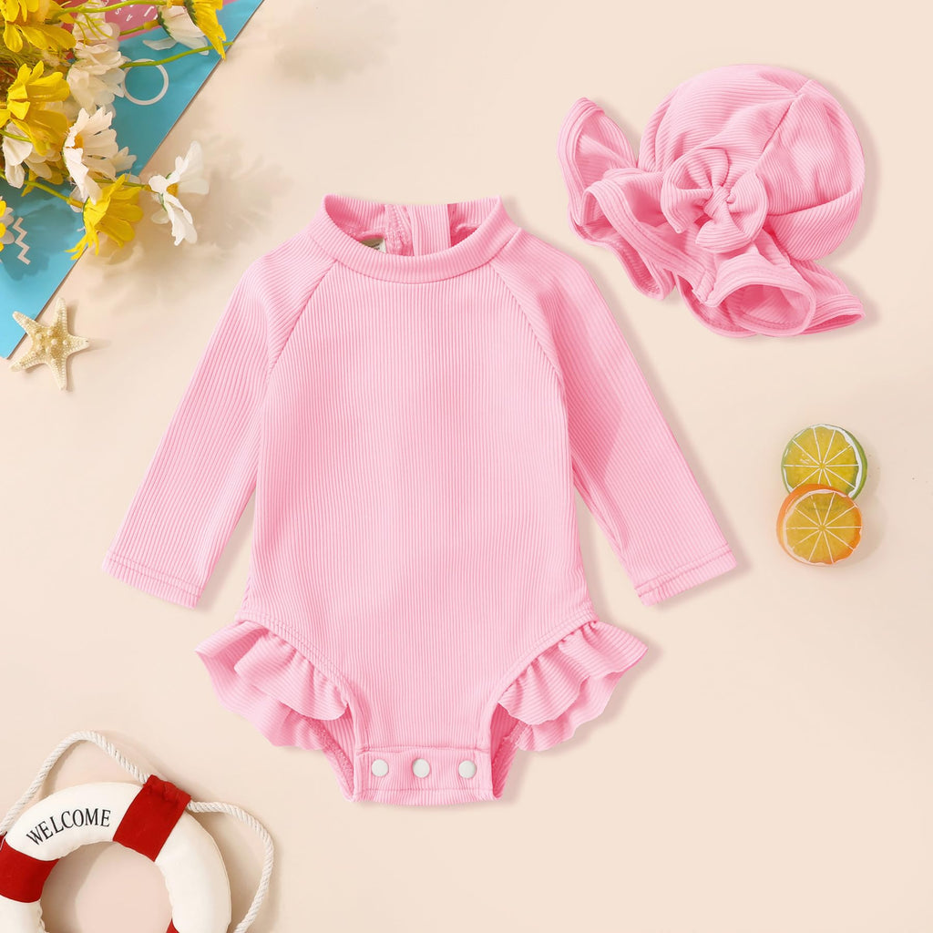 YOUNGER TREE Infant Baby Girls Swimsuit Long Sleeve One Piece Swimsuit Solid Color Bathing Suit with Hat, UPF 50+ (Pink, 18-24 Months)