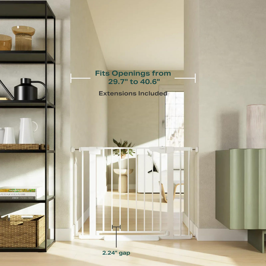 Cumbor 29.7-40.6" Baby Gate for Stairs, Mom's Choice Awards Winner-Dog Gate for Doorways, Pressure Mounted Auto-Close Pet Gates for Dogs Indoor, Safety Child Gate with Easy Walk Thru Door, White