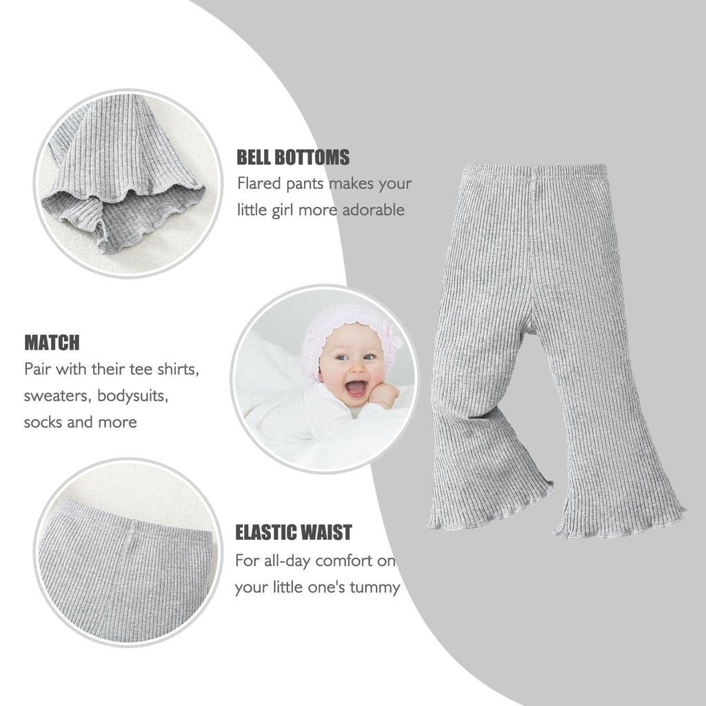 SOBOWO Toddler Girl Flare Pants 3 Pack Solid Ribbed Ruffle Bell Bottoms Pants Fall Outfits (Coffee/Rose/Gray, 18-24 Months)
