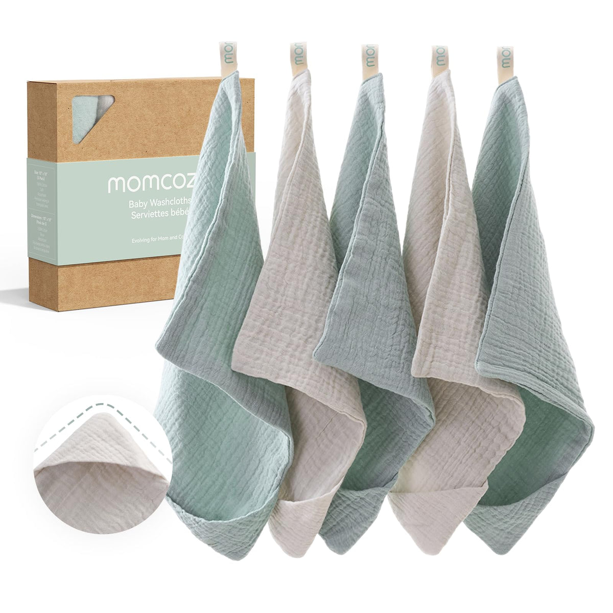 Momcozy 4-Layer Cotton Baby Washcloths, 5 Pack, Soft & Absorbent，Blue