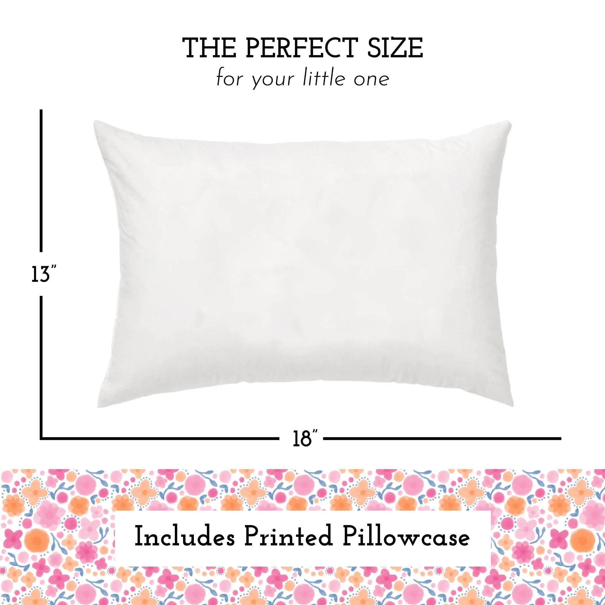 Toddler Bed Pillow with Cotton Pillow Case – 13x18 Kids Pillows for Sleeping, School, Travel & Daycare – Hypoallergenic Toddler Pillow 2 Year Old to 5 with Envelope Pillowcase (Whimsy Garden)