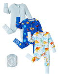 PATPAT Baby Footies Boys Girls - Bamboo Viscose - 2 Way Zipper & Non-Slip Soles Romper Mitten - Footed & Footless Infant Clothes Unisex Jumpsuit 2 Pack Blue/Planet/Dinosaur 18-24 Months