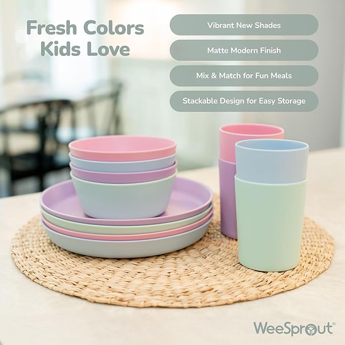 WeeSprout Bamboo Plates, Set of 4, Kid-Sized Dinnerware, Dishwasher Safe Melamine Dishware (Pastel Blue, Mint, Purple & Pink, Without Lids)