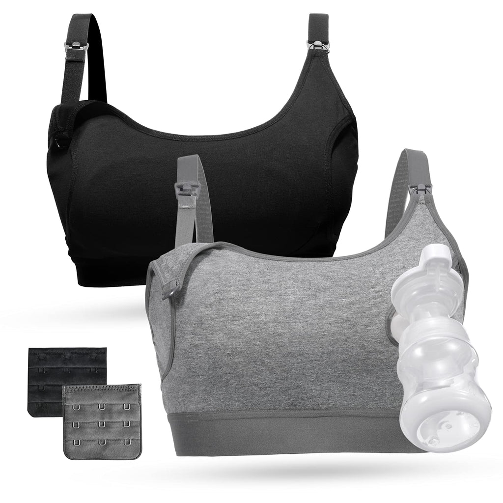 Momcozy Pumping Bra Hands Free, Pumping and Nursing Bra in One Holding Breast Pump for Spectra, Lansinoh, Medela, Black,grey-2pk, X-Large