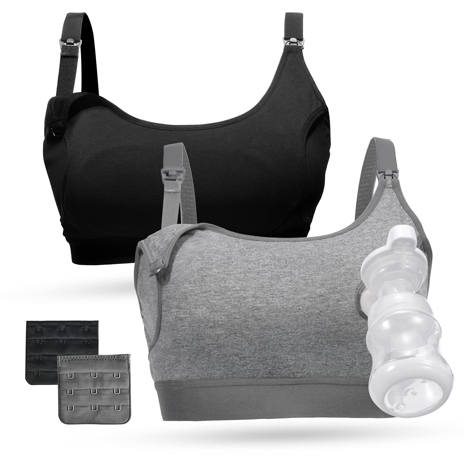 Momcozy Pumping Bra Hands Free, Pumping and Nursing Bra in One Holding Breast Pump for Spectra, Lansinoh, Medela, Black,grey-2pk, X-Large