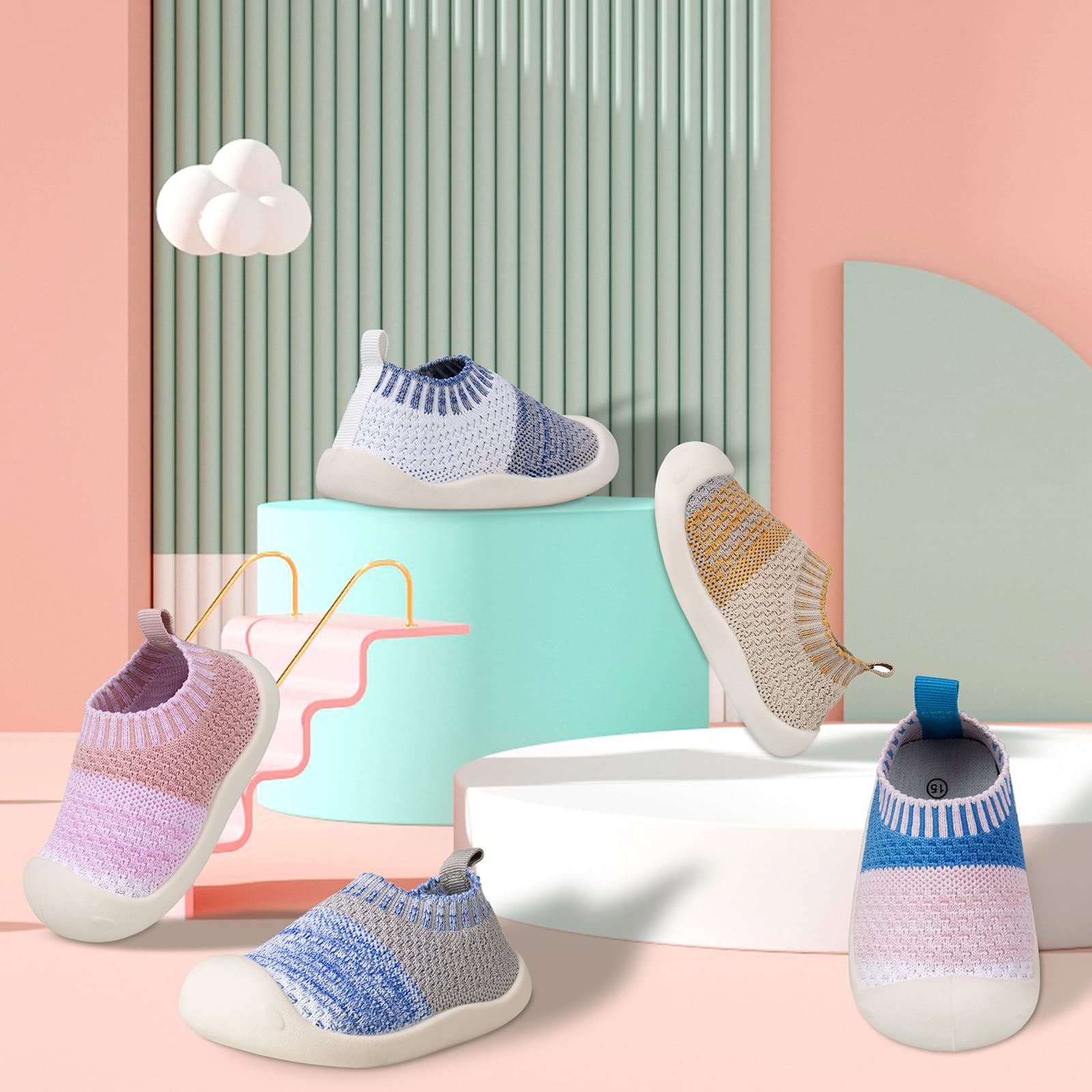 Baby First-Walking Shoes 1-4 Years Kid Shoes Trainers Toddler Infant Boys Girls Soft Sole Non Slip Cotton Mesh Breathable Lightweight Slip-on Sneakers Outdoor(Blue-White,4 Toddler) T15
