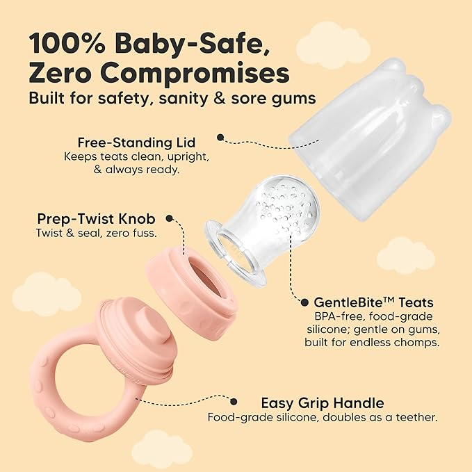 KeaBabies Baby Fruit Feeder 2pk - Silicone Baby Food Feeder for Babies 6-12 Months, Breast Milk Popsicle for Teething, Weaning, Freeze Frozen Solid Food, BPA-Free Infant Feeding Essential (Mist Rose)