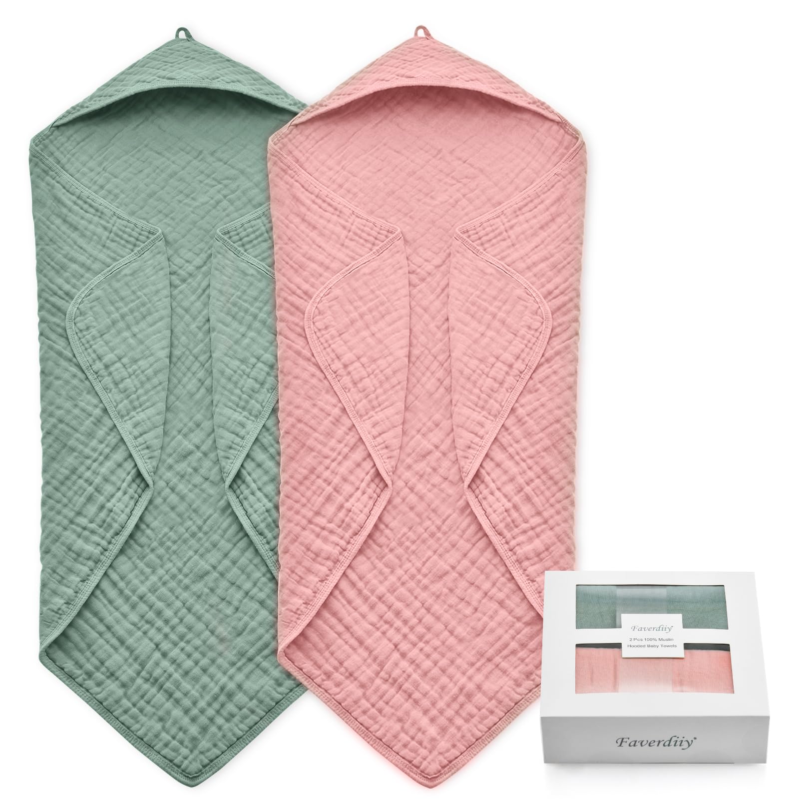 FAVERDIIY Hooded Baby Towels for Newborn, 35x35 Inch 2 Pack 100% Muslin Cotton Baby Bath Towel with Hood for Baby Toddler and Kids Baby Boy & Girl Towels, Dusty Pink+ Roman Green