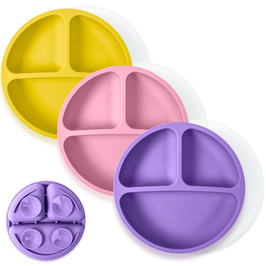 WeeSprout Suction Plates with Lids for Babies & Toddlers - 100% Silicone, Dinnerware Stays Put, Divided Design for Picky Eaters, Microwave & Dishwasher Friendly, 3 Pack