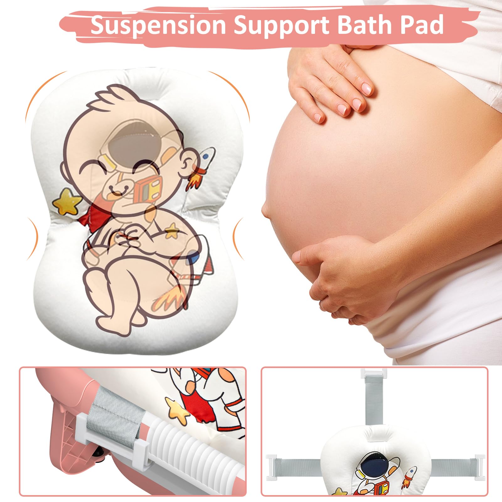 Collapsible Baby Bathtub for Newborn to Toddler (0-24 Months), Portable Baby Bath Tub for Travel, Newborn Bathtub with Soft and Supportive Cushion (Astronaut-Pink)