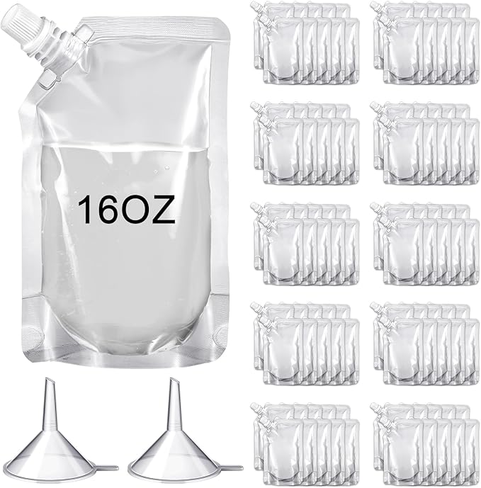 Meanplan 100 Pcs Plastic Pouches Bulk Reusable Squeeze Pouches Clear Plastic Juice Leak Proof Bags with Funnel for Party Favors Supplies(16 oz,Inclined Mouth)