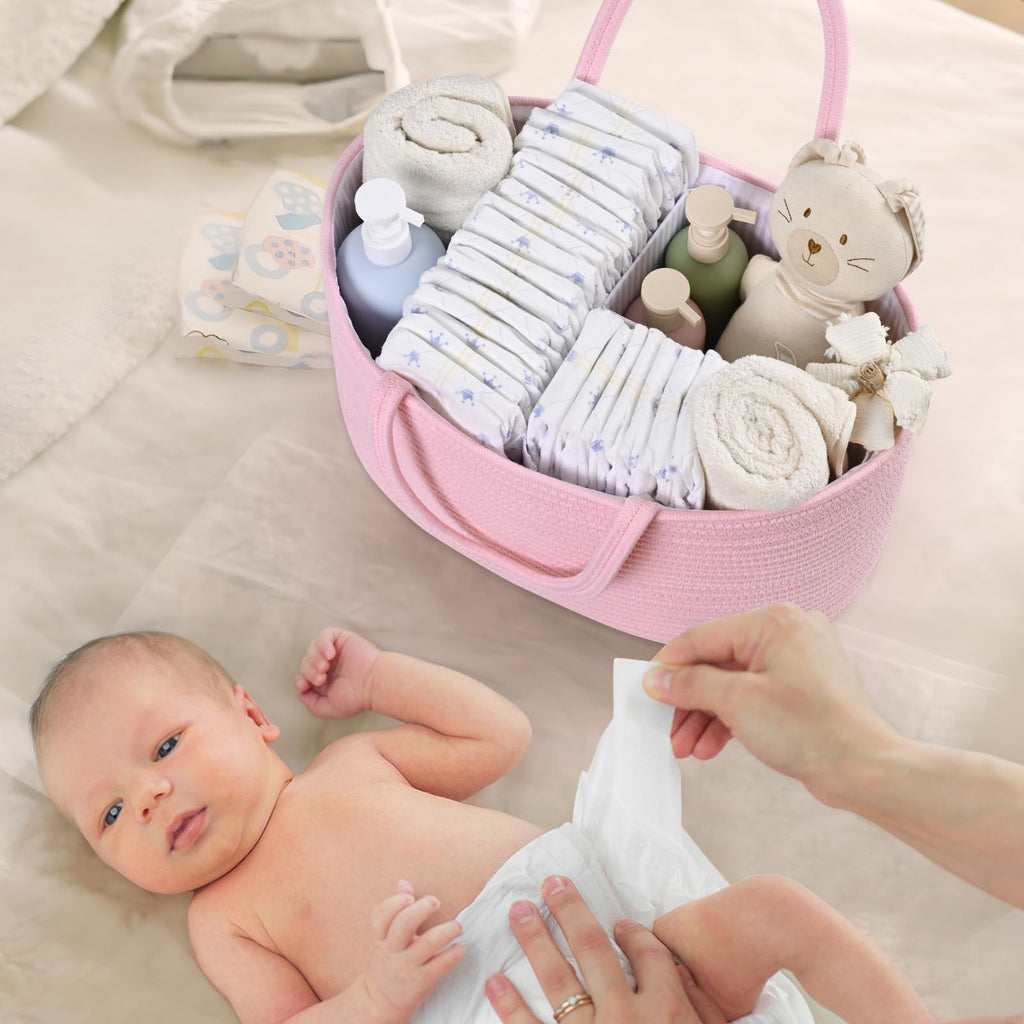 19L Baby Diaper Caddy Organizer, 16.8"x9.8"x9" Cotton Rope Diaper Basket, Changing Table Storage Caddy With Removable Divider, Baby Basket for Nursery, Car, Diapers, Baby Shower Gifts for Newborn