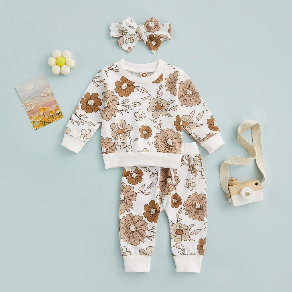3Pcs Baby Girl Outfits Floral Sweatshirt + Pants + Headband Infant Fall Winter Clothes White 6-12 Months