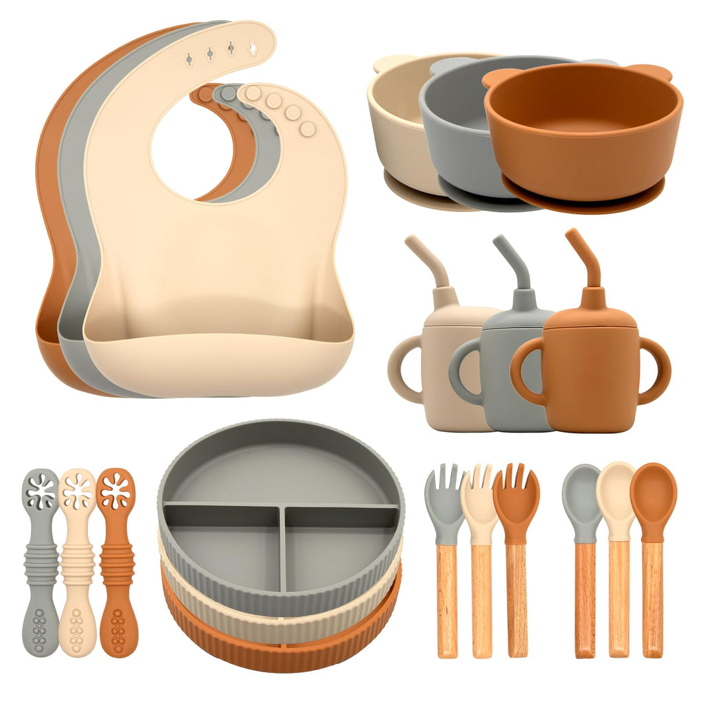 CHCC Silicone Baby Feeding Set 21 Pcs, Baby Led Weaning Supplies, Baby Feeding Supplies Set BPA Free, Essentials for Newborn Gift Walnut Color, Beige, Smoky Gray