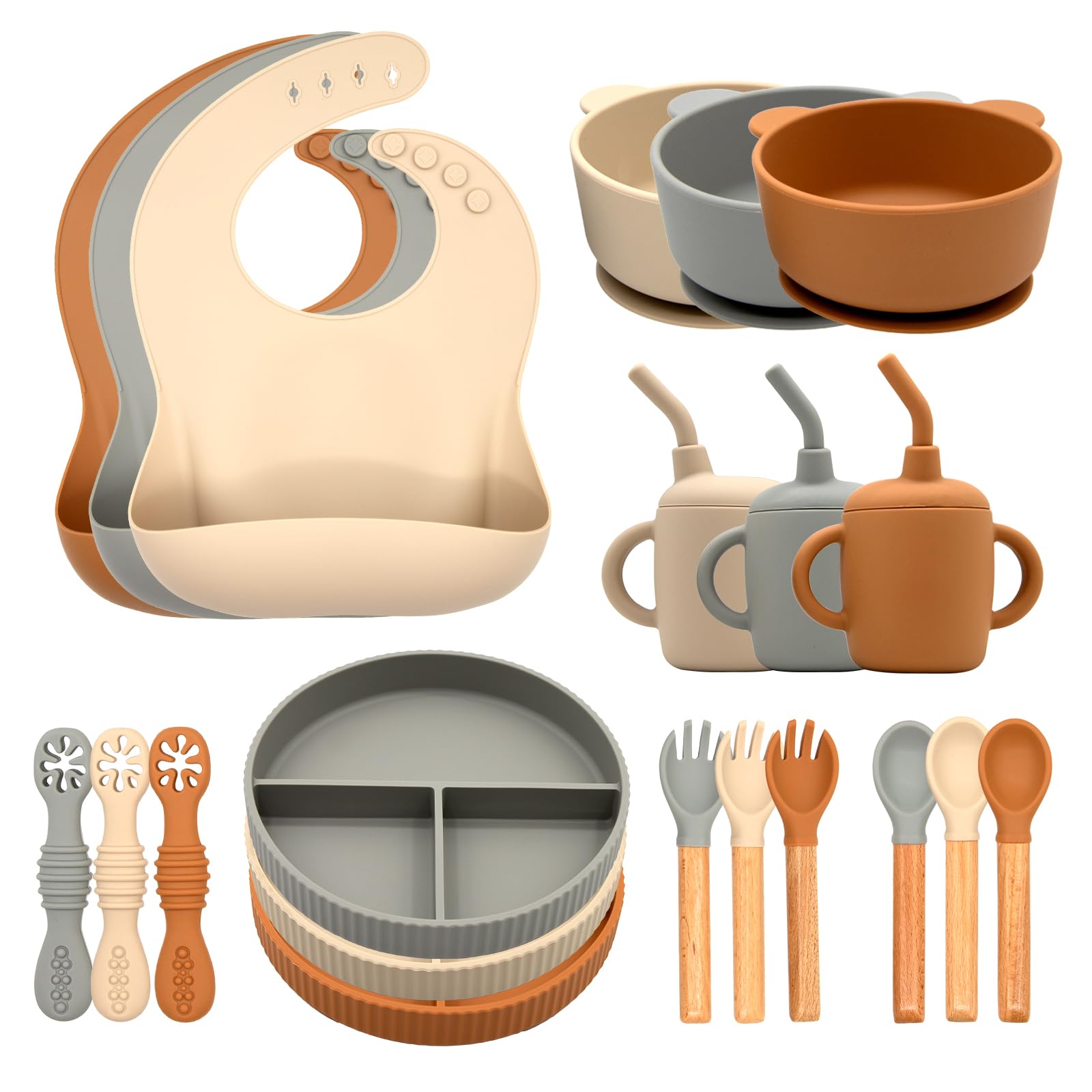 CHCC Silicone Baby Feeding Set 21 Pcs, Baby Led Weaning Supplies, Baby Feeding Supplies Set BPA Free, Essentials for Newborn Gift Walnut Color, Beige, Smoky Gray
