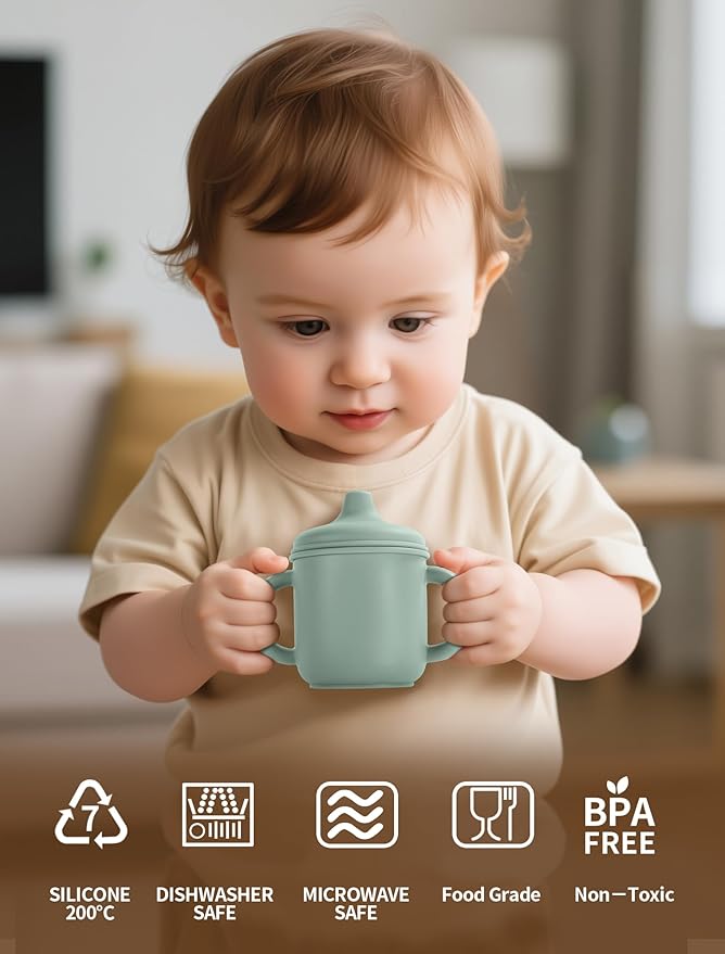 Silicone Toddler Cups Set, 2 Straw Cups and 2 Sippy Cups for 6+ Months Baby, Leakproof Spillproof Training Cups with Handles, Easy Clean (Green+Beige)