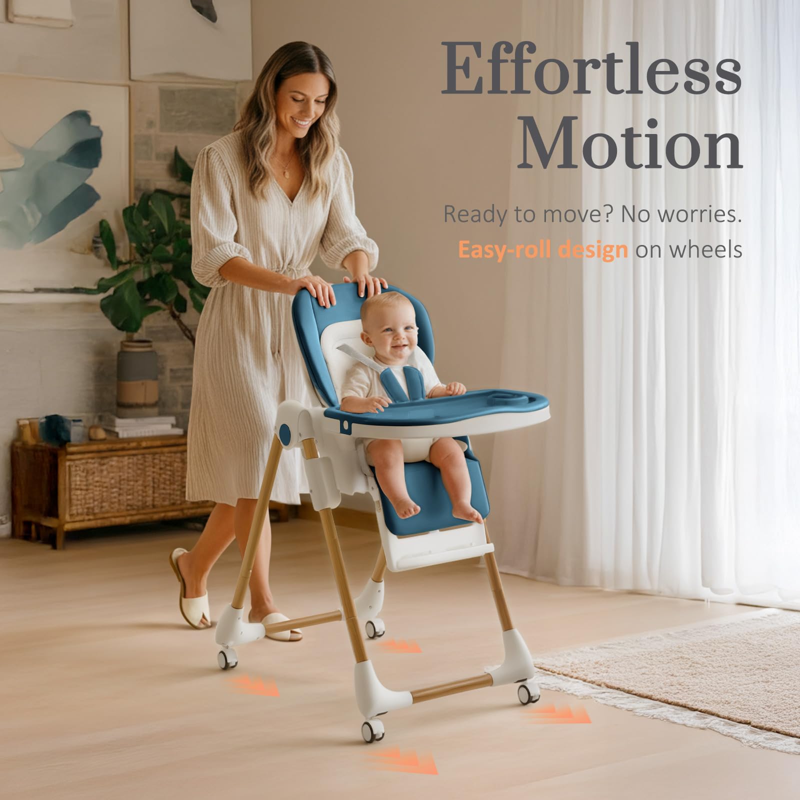 Foldable High Chairs for Babies and Toddlers, 3-in-1 Convertible Baby High Chair with Removable Soft Cushion and Tray, Adjustable Height & Recline, Lockable Wheels, Dark Blue