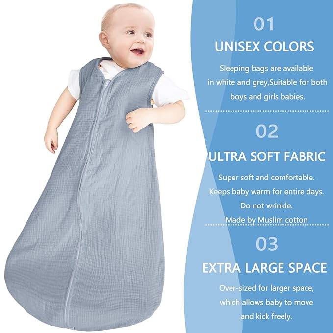 2 Pack Baby Sleep Sack 6-12 Months 100% Organic Cotton Muslin Baby Sleeping Bag 2-Way Zipper Toddler Wearable Blankets Comfy Stretchy Thin Sleep Sacks