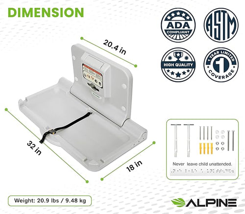 Alpine Wall Mounted Baby Changing Station - Horizontal Baby Changing Table Foldable Diaper Tables with Safety Strap for Commercial Bathroom, ADA Complaint (Hardware Included) Light Gray