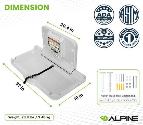 Alpine Wall Mounted Baby Changing Station - Horizontal Baby Changing Table Foldable Diaper Tables with Safety Strap for Commercial Bathroom, ADA Complaint (Hardware Included) Light Gray