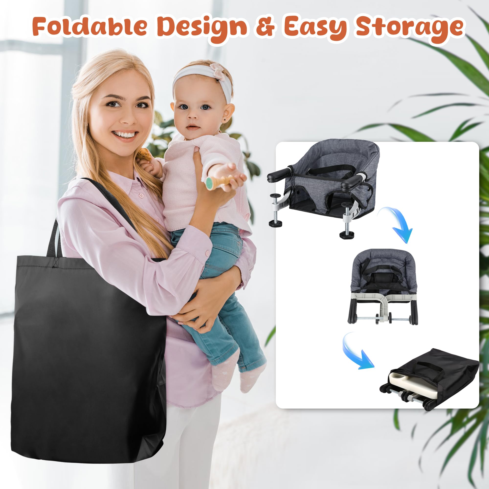 JOZZVE Hook On High Chair with Tray, Clip-On Feeding Seat, Grey