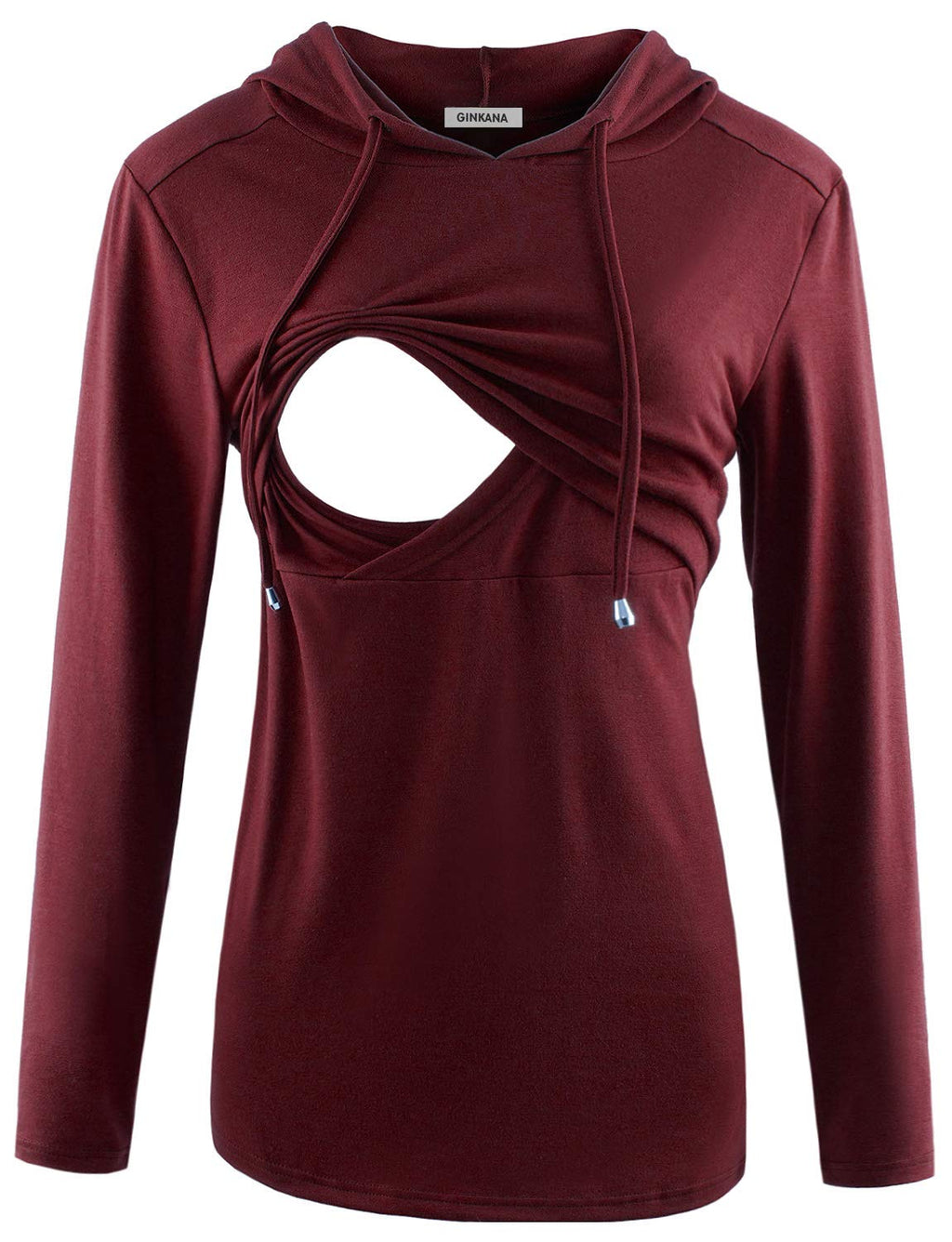 GINKANA Women's Nursing Hoodie Sweatshirt Long Sleeves Breastfeeding Maternity Tops Casual Clothes,S Burgundy Red