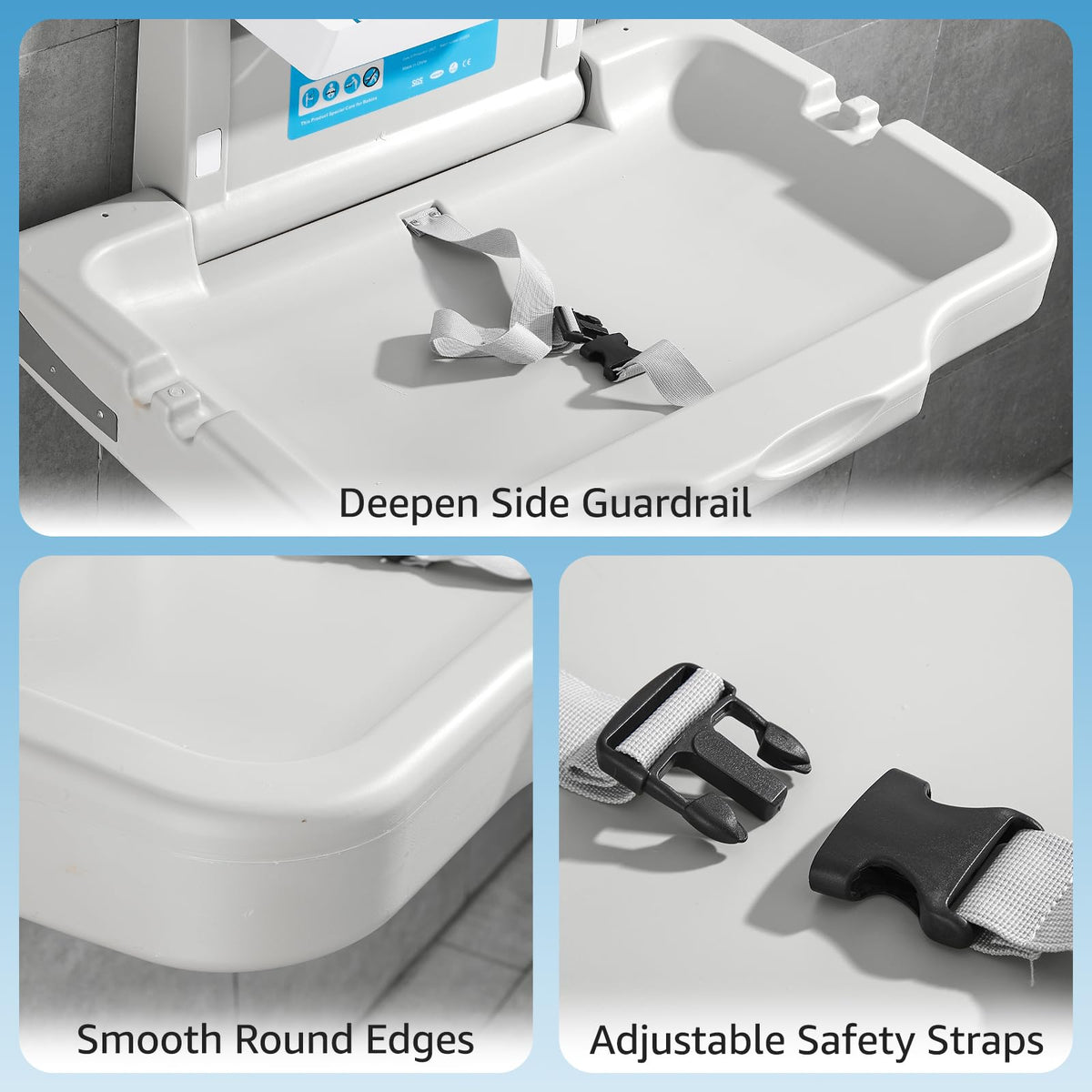 Baby Changing Station Wall Mounted: Horizontal Diaper Changing Table Foldable Diaper Tables with Safety Strap, ADA Complaint for Commercial Bathroom/Nursery/Public Restroom