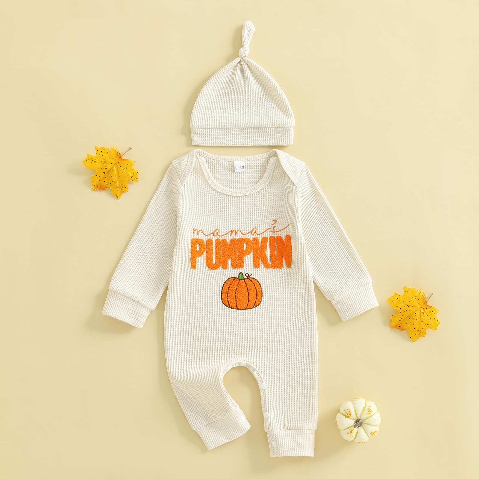 Doqcey Newborn Infant Baby Boy Halloween Outfit Little Pumpkin Embroidery Romper Waffle Knit Long Sleeve Jumpsuit with Hat (Apricot mama's pumpkin, 6-12 Months)