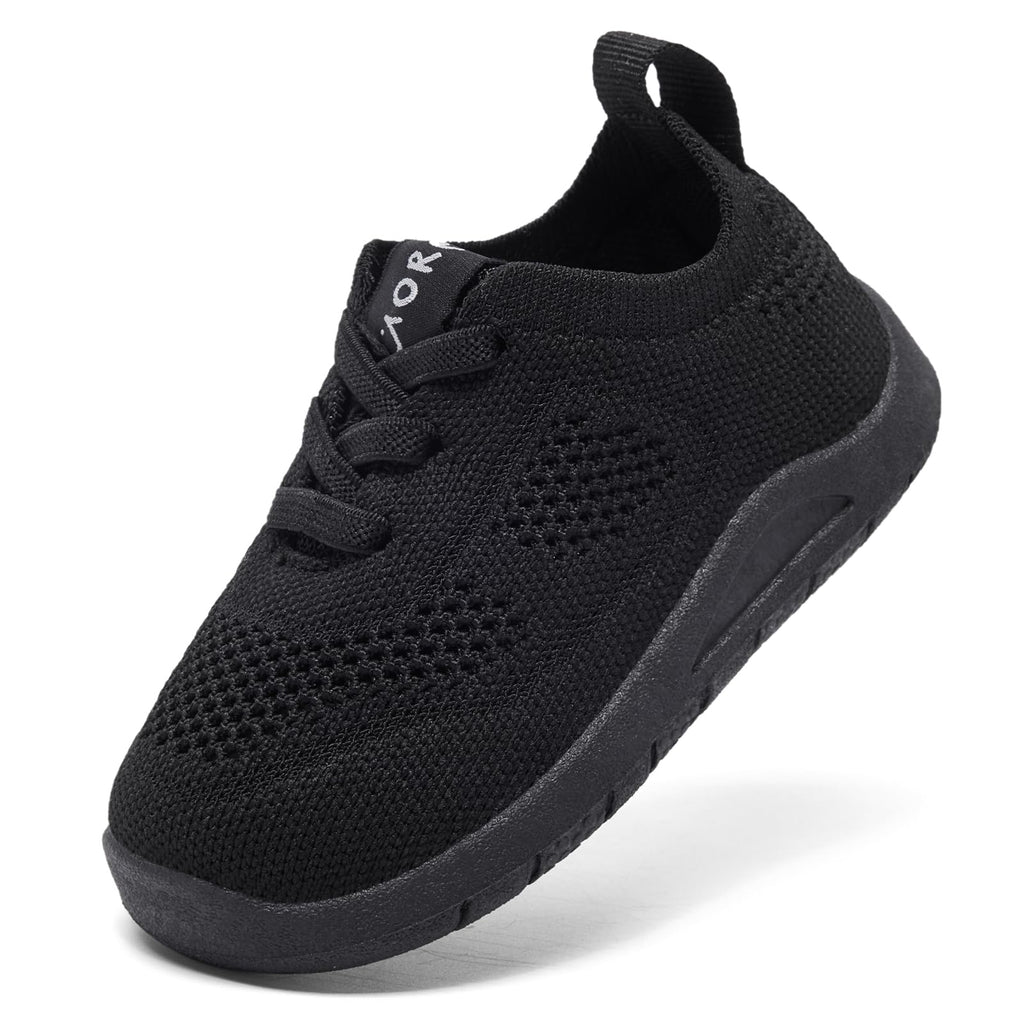 MORENDL Toddler Sneakers Baby Non-Slip Lightweight Breathable Barefoot Shoes Infant Tennis Walking Shoes Black Mesh Size 7