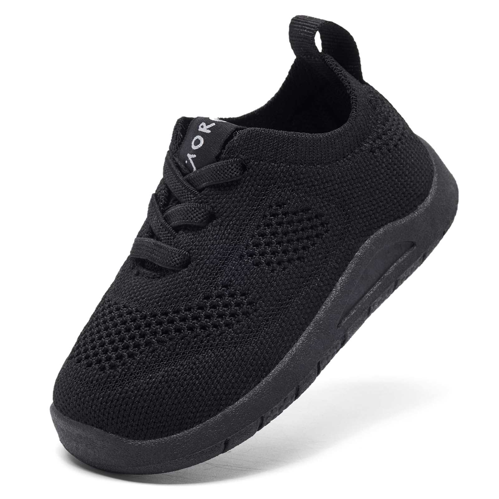 MORENDL Toddler Sneakers Baby Non-Slip Lightweight Breathable Barefoot Shoes Infant Tennis Walking Shoes Black Mesh Size 7