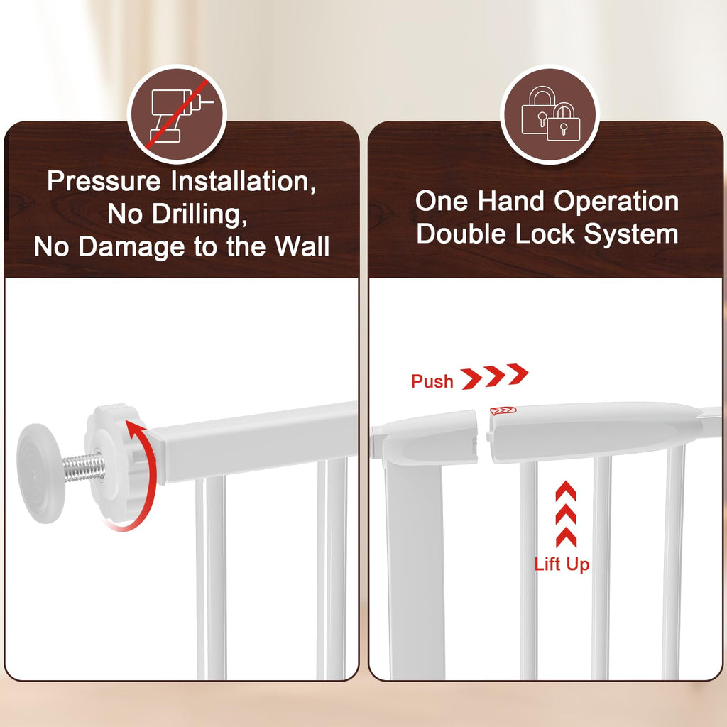 DEARBB Extra Wide Baby Gate Ultra Narrow Spacing 30.11-77.36" Pressure Mounted Double Lock Swing Auto Close Walk Through Metal Safety Pet Gate for Stairs and House Doorway Kitchen