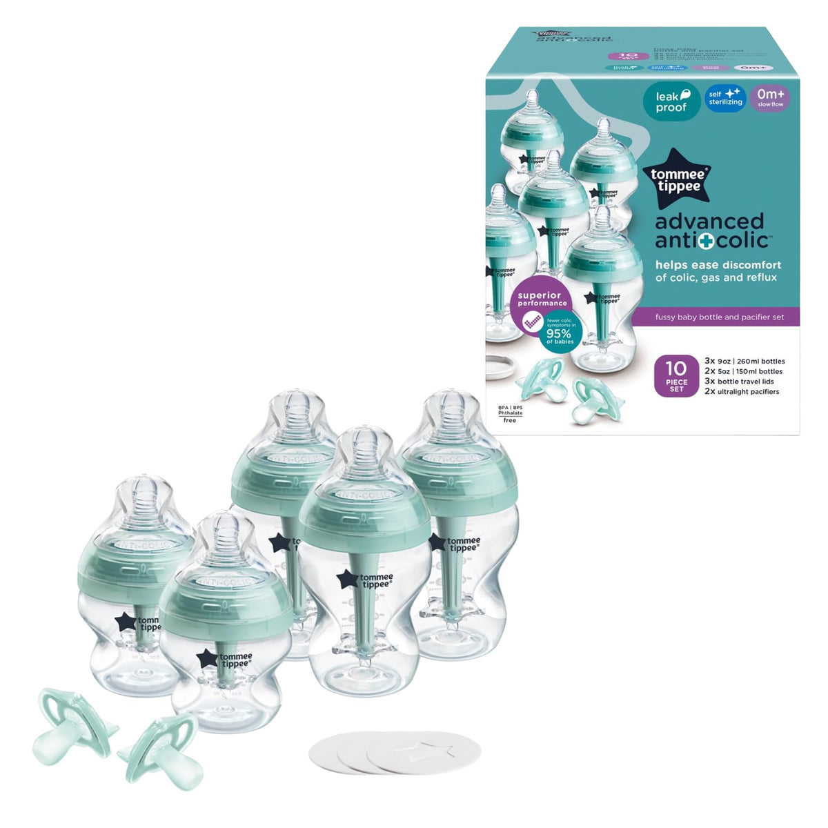 Tommee Tippee Advanced Anti-Colic 5 oz BPA Free Baby Bottles, Newborn 0+ Months, Slow Flow Breast-Like Nipple, Unique Design Keeps Air Away from Milk and Baby, Clear, Pack of 2