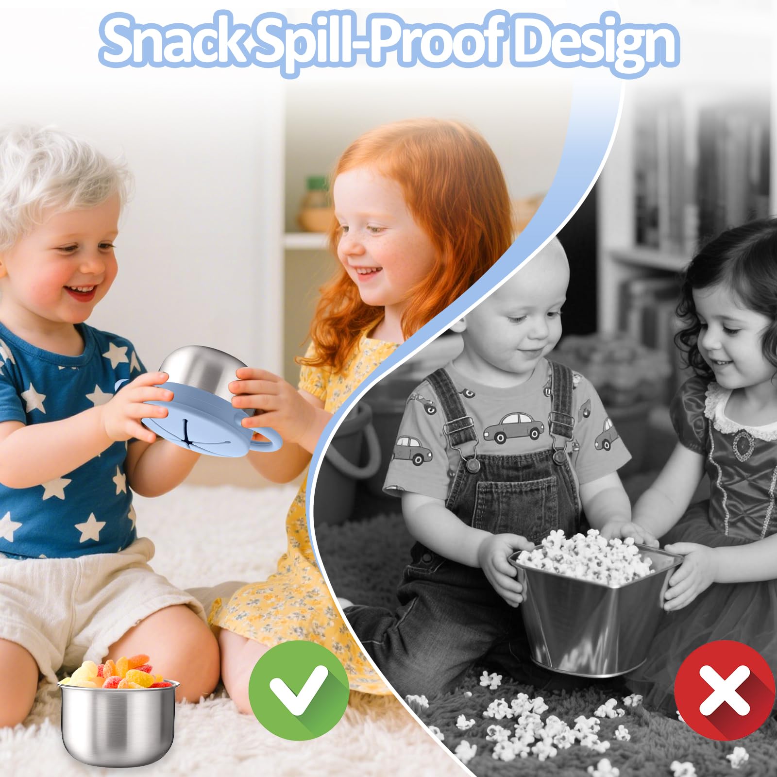 BUSOHA 2 Pack 9 oz Spill Proof Stainless Steel Toddler Snack Cups