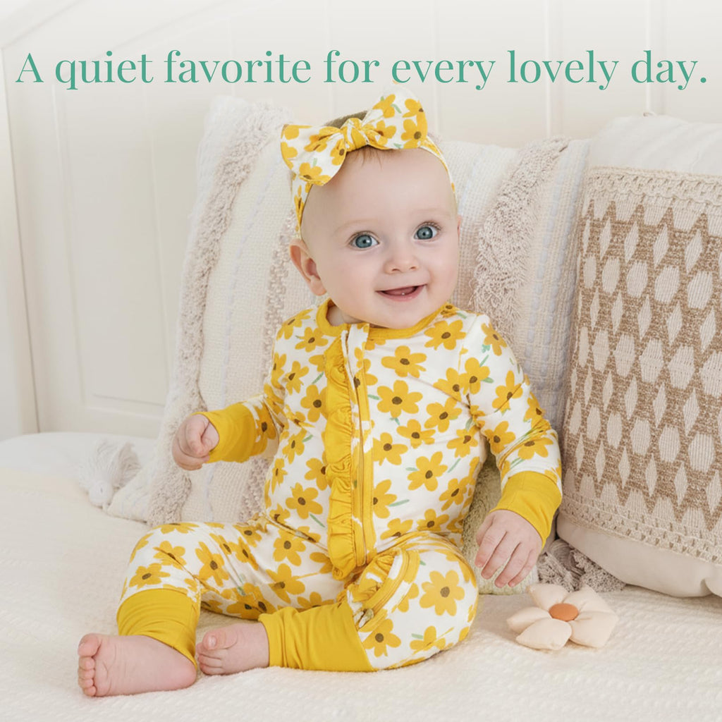 PATPAT Baby Girl Infant Clothes Footie – Soft Viscose from Bamboo, Stretch Feel – 2-Way Ruffled Zipper, Fold-Over Mittens & Cuffs Yellow Flower 3-6 Months