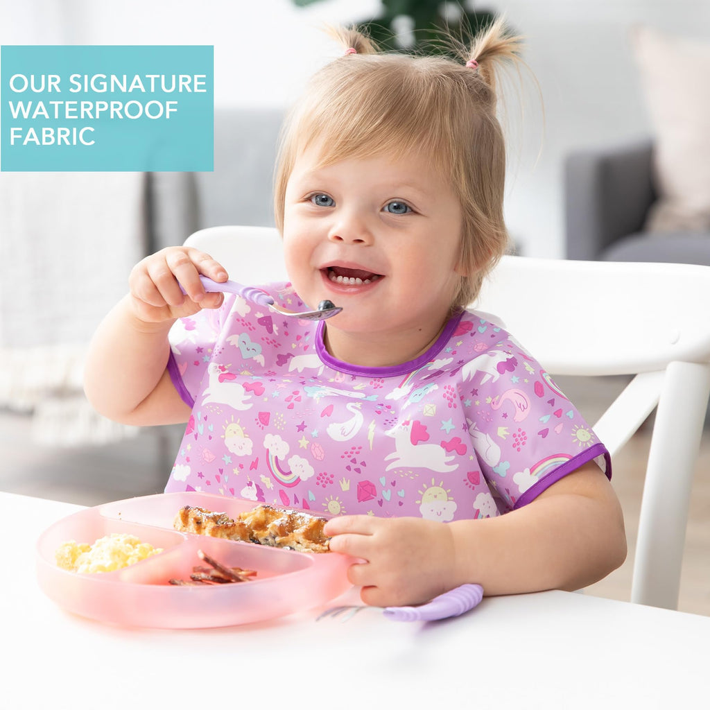 Bumkins Short Sleeve Bib for Girl or Boy, Toddler and Kids for 1-3 Years, Large Size, Essential Must Have for Junior Children, Eating, Mess Saving Soft Fabric Apron for Play, Unicorns Purple