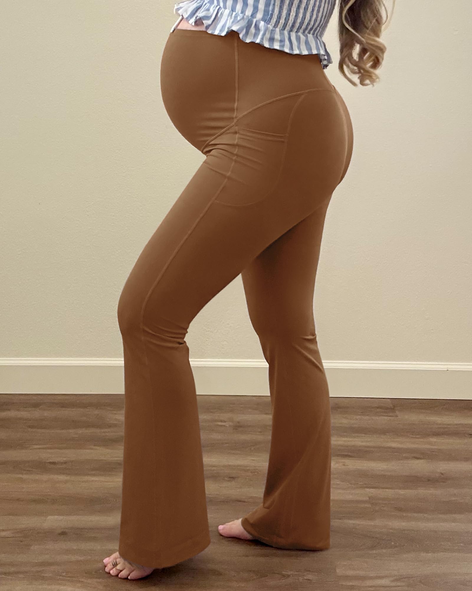 G4Free Maternity Lounge Pants Flare Leggings Stretchy,Dark Coffee,XXL,Short