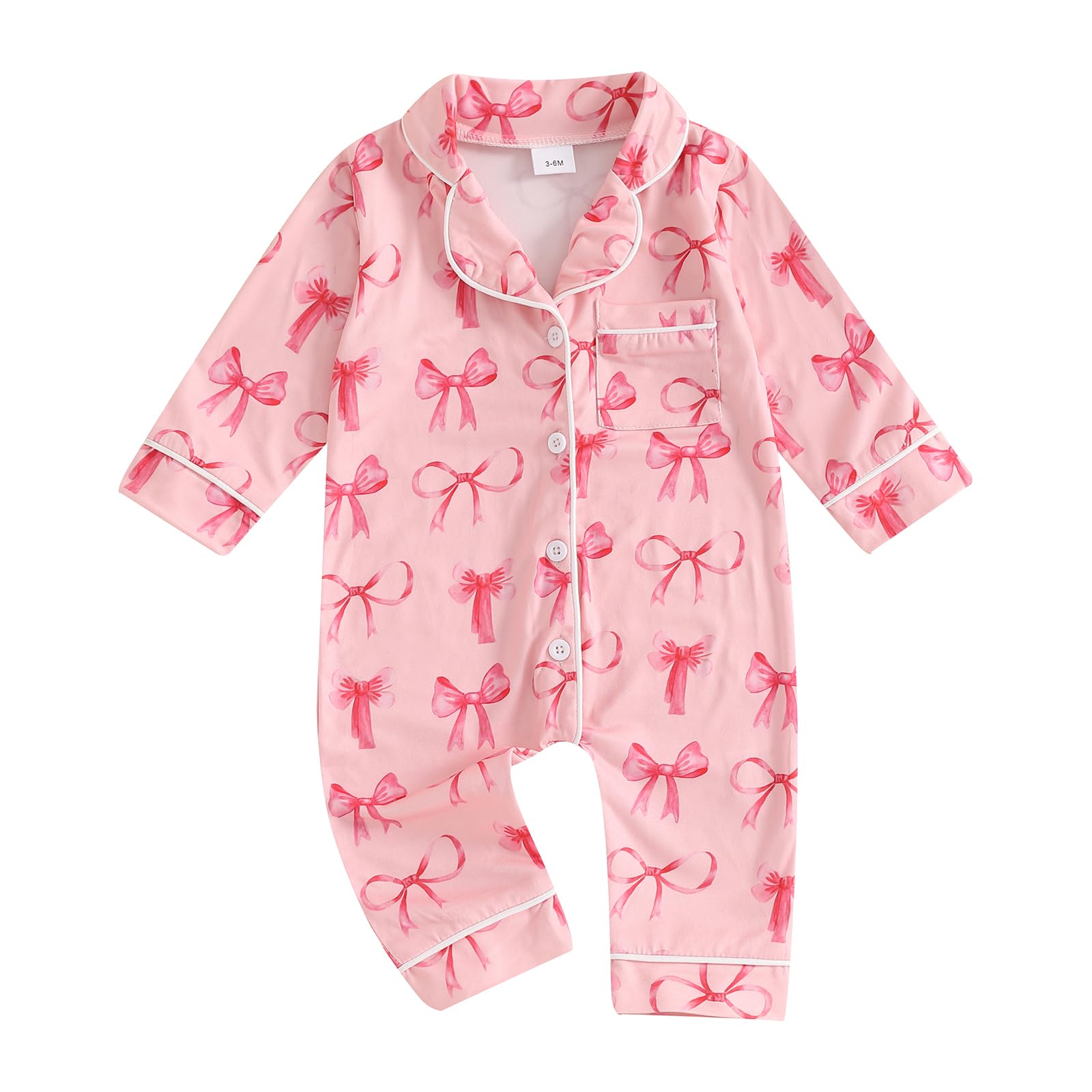 Balaflyie Baby Girl Button Down Pajamas Romper One-Piece Jumpsuit Long Sleeve Sleeper Infant Sleepwear (Ribbon Bow&Pink,3-6 Months)