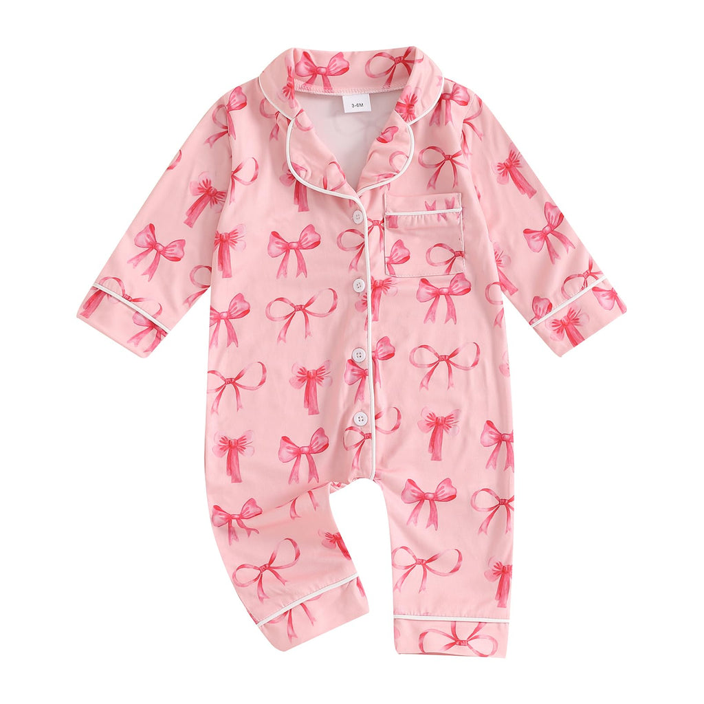 Balaflyie Baby Girl Button Down Pajamas Romper One-Piece Jumpsuit Long Sleeve Sleeper Infant Sleepwear (Ribbon Bow&Pink,3-6 Months)