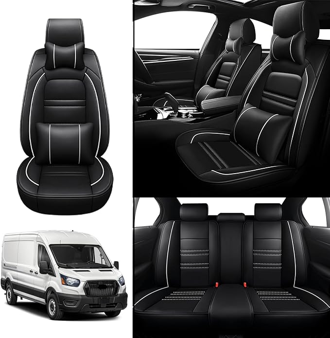 PACKMACH Car Seat Covers for Ford Transit 2014-2024 | 5-Seats Seat Covers, Waterproof Seat Protectors, Automotive Seat Covers (Full Set with Pillow,Black&White Line)
